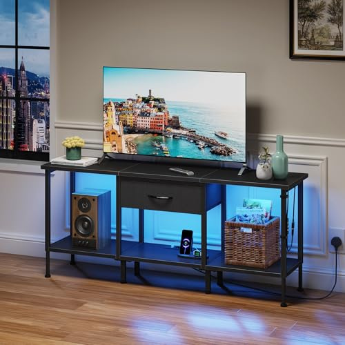 OYRREU Fernsehtisch mit Steckdose TV Cabinet mit LED-Beleuchtung TV Bank | Fernsehschrank TV Ständer TV Schrank Board Table für Fernseher bis zu 55 50 Zoll für Wohnzimmer Schlafzimmer Schwarz 120 cm