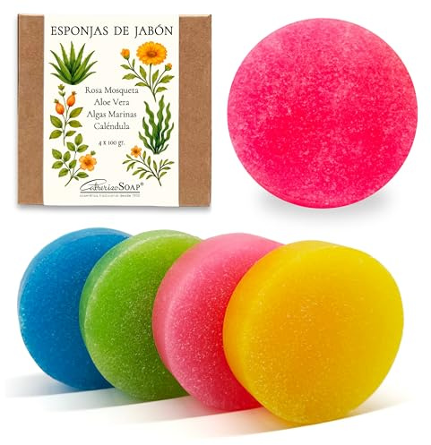 CABRERIZO SOAP 4 Spugne Saponose – Saponi Artigianali, Idee Regalo – Spugne con Sapone Vegetale alla Glicerina 2 in 1 – Confezione da 4 × 100 g – Rosa Mosqueta, Aloe Vera, Alghe e Calendula