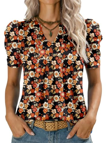 Kistore Womens Clothes Puff Short Sleeve Ladies T Shirts V Neck Floaty Floral Tunic Blouse Women's Fashion 2026 Black Red Flower M