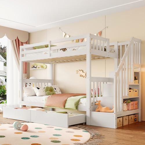YAIXBNG 90 * 200cm Etagenbett, Treppenregal, ausgestattet mit Zwei Schubladen, hohe Geländer, EN747-1 Zertifiziert, weiß