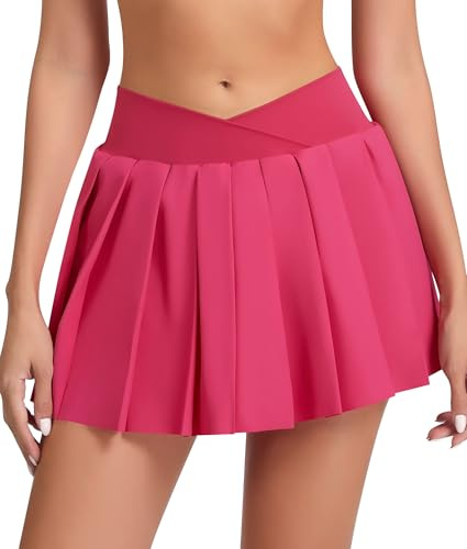 SHAPERIN Damkjol med byxor runter hög midja tenniskjol med fickor veckad minikjol sommar crossover golf skorts, ROSA, S
