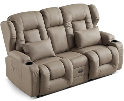 SAMERY Zweisitzer Relaxsessel mit Liegefunktion, 2er-Fernsehsessel Kinosessel 2 Sitzer TV Sessel Heimkino Sitze mit klappbare Mittelkonsole, 4 Getränkehalter (Khak, 172 cm Zweisitzer)