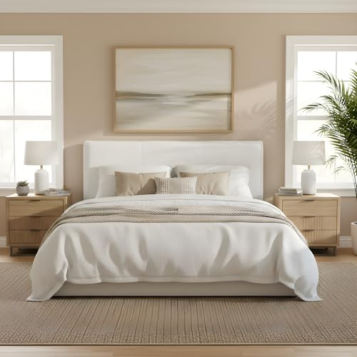 Merax Modern King Size Bedroom Décor Upholstered Ergonomic Bed with Headboard,Narrow-Top/Wide-Bottom Shape,Thick Plush Padding,White Boucle Fabric,Solid Bed Frame Supports 800 lbs,White