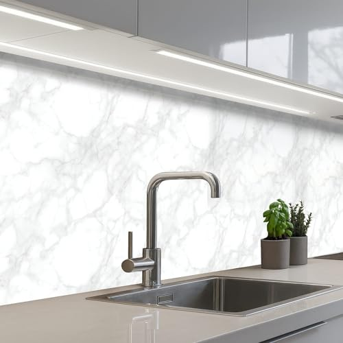 KitchenYeah© Splashback for Kitchen self-Adhesive Back Splashes Kitchens | 24x79 / 60x200 cm - Splash Guard Decor Minimalist - White - Gray veins