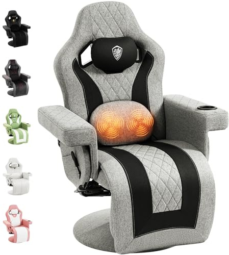 Dowinx Relaxsessel Gaming Sessel mit Shiatsu Massagefunktion, Fernsehsessel mit Liegefunktion 90°–135° und Fußstütze, 360° drehbarer Gaming Stuhl ohne Rollen, Getränkehalter, Seitentaschen, Grau