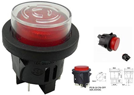 Interrupteur à pression avec couvercle étanche - Diamètre : 25 mm - 250 V - 16 A - Éclairage rouge - Fiche plate 6,3 mm (2)