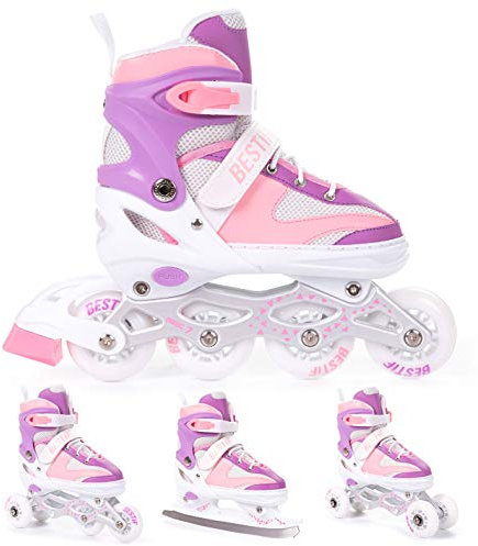 BESTIF Inliner für Kinder und Erwachsene Inline Skates 4in1 Rollschuhe Schlittschuhe Verstellbar (Rosa-Lila, 30-33)