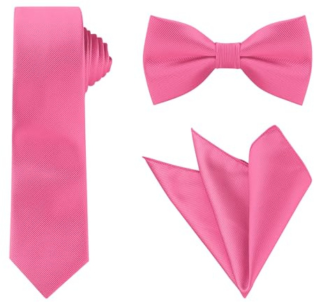 Allegra K Necktie, Pre-Tied Bowtie, and Pocket Square Set Ties for Wedding Business Hot Pink One Size