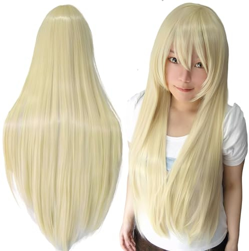 IMISSU 80 cm langes glattes Naturhaar Cosplay Perücken mit Pony Bunt Halloween Kostüm Party Perücke Haarverlängerungen (Blond)