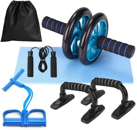 Kit allenamento con rullo addominali, corda elastica di resistenza con pedali e tappetino per ginocchia, set fitness 5 in 1 esercizi in casa e palestra. K4706