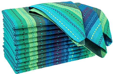 Hausattire Reusable Napkins Cloth Washable 100% Cotton Salsa Stripe 18x18 Inch Dinner Napkin|Table Napkin for Home Banquet Wedding|Set of 12 Cloth Napkins Spring Easter Decor Collection|Teal Multi