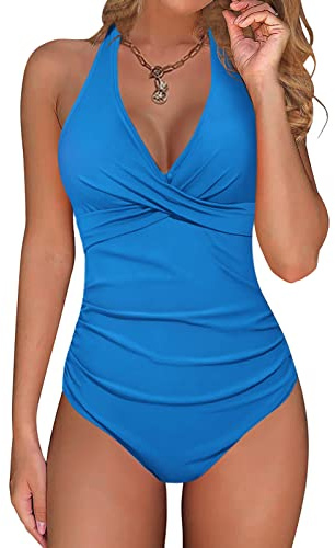 UMIPUBO Costume da Bagno Intero Donna Sexy Scollo a V Bikini Push Up Imbottito Reggiseno Curvy Costumi da Mare Donna Interi Costumi Un Pezzo Cross Spiaggia Beachwear Swimwear (Blu, XL)