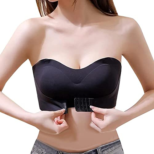 TOFBS Sujetador Bandeau sin Tirantes para Mujer Niñas Sujetadores sin Aros Hebilla Delantera Invisible Push Up Bra con Retirable Relleno y Tirantes (Negro,M)
