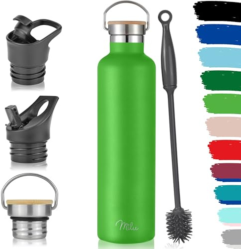 Milu Edelstahl Trinkflasche 500ml 750ml 1000ml (+3 Deckel) Thermosflasche mit Strohhalm, Isolierte Wasserflasche, Auslaufsichere Isolierflasche doppelwandig, Kohlensäure geeignet (Apfelgrün, 1000ml)