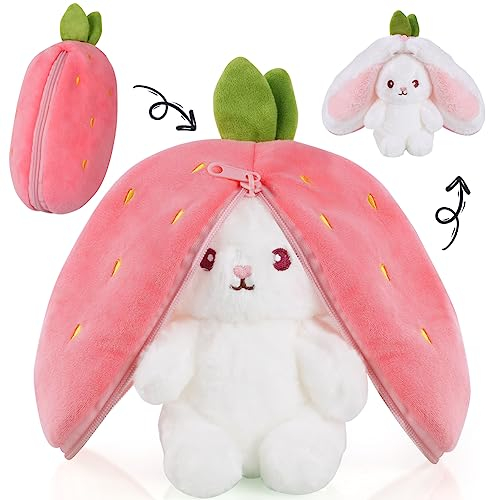 OSDUE Hasen Verstecken, Flip Plüsch Spielzeug, Plüschtier Hase, Hase Stofftier, Erdbeeren Karotten Hase mit Reißverschluss, Geburtstagsgeschenk für Jungen, Mädchen, Kinder(23cm Rot)