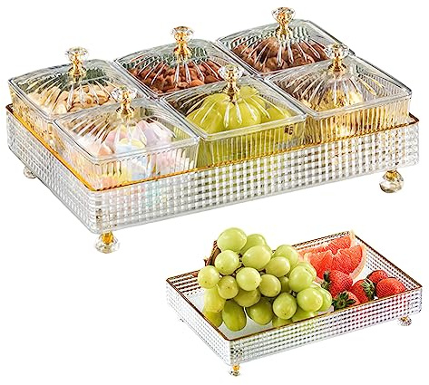 Neroyaner Geteilte Servierschalen Set transparente Obstschale mit Deckel Rechteck 6 Gitter Fruchtschüsselkasten Set geteilte Nussschale Plastikdesserts Servierplatte Snack Süßigkeitenschalen