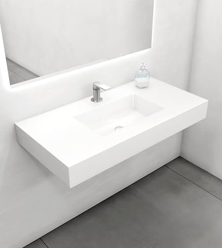 Lavabo sur plan de travail en résine blanc 100x50x12 cm - vasque à poser blanc – Meuble salle de bains avec vasque - Lavabo suspendu en résine