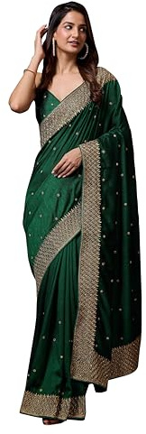 TRENDMALLS Women's Vichitra Silk Embroidery work Saree with Unstitched Blouse Piece (K1089-DarkGreen)