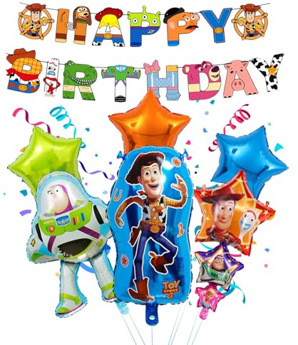 7Pcs Toy Inspired Foil Balloons, Story Theme Party Decorations, Cartoon Foil Balloons, Happy Birthday Banner, Party Supplies for Kids Boys Girls