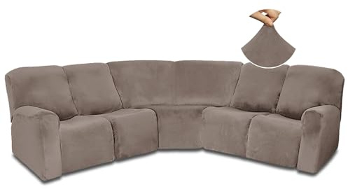 AIMENJOY Stretchhusse für Relaxsessel, Elastischer Ecksofabezug 5-Sitzer, Samt Relaxsessel Bezüge für L-förmige Liegesofas, Sofahusse Eckcouch Cover 7 Stück (Taupe)