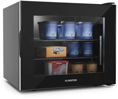 Klarstein IceAge 88 Mini Congélateur, 88L, Température Réglable 0 à -18°C, Éclairage LED, 3 Étagères, Énergie Efficace, Compact pour Petits Espaces, Porte en Verre, Noir