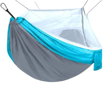 Hamaca antimosquitos para exteriores con apertura rápida automática y mosquitera, hamaca ligera de tela de paracaídas para acampar y mochileros, hamaca individual/doble (azul)