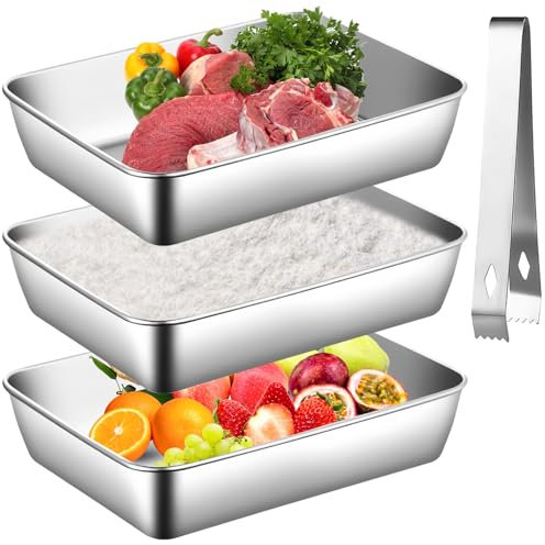 XSHAO® Juego de 3 cuencos para empanar, 25,5 x 20 x 5 cm, acero inoxidable, con pinzas para alimentos, cuencos para empanar para chuletas, carne, pescado y verduras