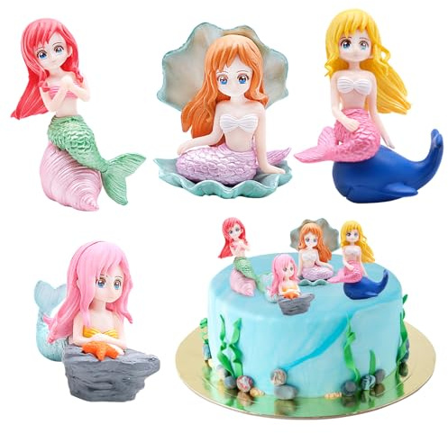 Mritrit 4 Stück Klein Meerjungfrau Tortendeko Set für Geburtstag Kuchen Deko, Kunststoff Kleine Prinzessinnen Figuren für Party, Mini Meerjungfrau Figur für Aquarium Dekoration