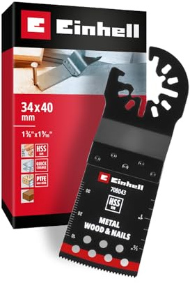 Einhell BiM-Tauchsägeblatt, curved, 34 x 40 mm | 40-mm-Eintauchtiefe | Spannuten | HSS-Metallverzahnung | Gekrümmte Schneide | Schnellwechselfunktion | Open-Back-Aufnahme
