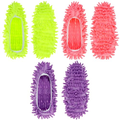 QWORK® 3 pares/6 piezas de pantuflas de microfibra, cubiertas multiusos para zapatos para limpiar pisos, eliminar polvo y cabello