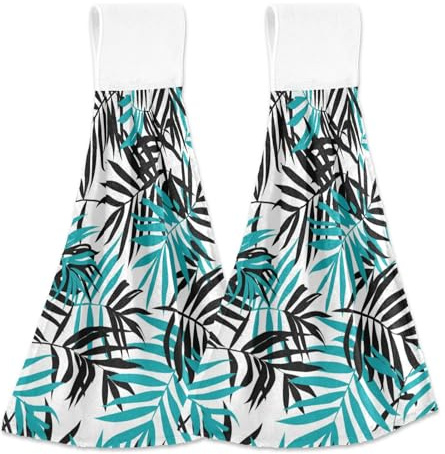 SyXIOP Teal and Black Palm Leaves Decorative Bath Towels with Hanging Loop Child washcloths White Dish Rags 2 Pack