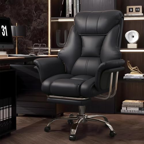 XUEGW Bürostuhl mit Fußstütze & Lendenwirbelstütze – Ergonomischer Gaming-Stuhl mit höhenverstellbarem Kopfstütze & verstellbarer Rückenlehne, Hochlehnen-Kunstleder Drehstuhl fürs Homeoffice (Schwarz)