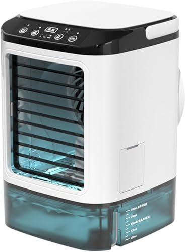 Aire acondicionado portátil, enfriador de aire 3 en 1 con tanque de agua de 900 ml, caja de hielo, ventilador de 3 velocidades, función de niebla fría, 7 luces LED, ideal para el hogar, viajes u