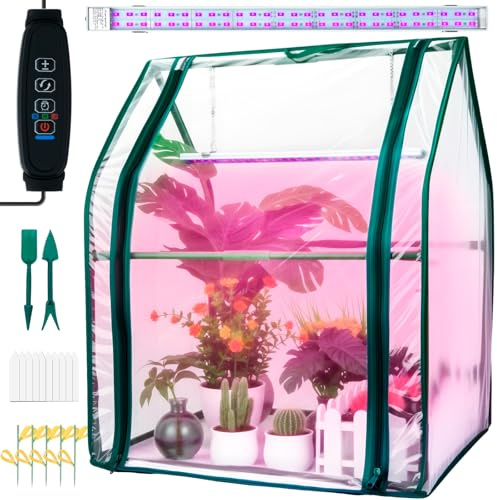 Hugbow Mini Greenhouse Indoor, Mini Green House with Grow Light, 15W Full Spectrum Plant Lights & Timer for Seed Starter Tray, Indoor Outdoor Plants 24x16x20