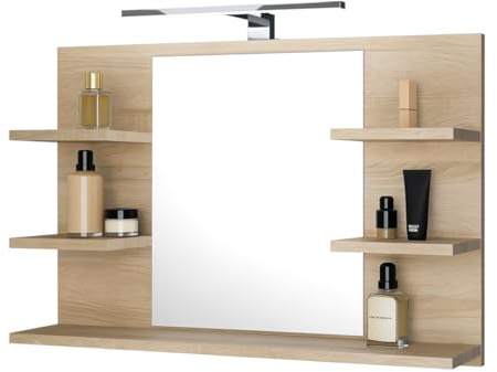 FreshYou Badspiegel mit 5 Ablagen Badezimmerspiegel Spiegel Regal Wandspiegel Hängespiegel Badmöbel Spiegel Flurspiegel für Schlafzimmer für Badezimmer Sonoma Eiche 80X50 LED Lampe