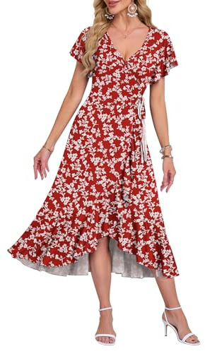AUSELILY Robe D'Été Femme Manches Courtes Col en V Taille Haute Mi-Longue Robe De Plage Invitée De Mariage