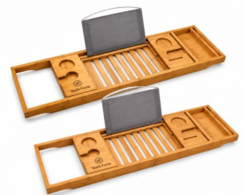 2x Extendable Wooden Bath Caddy Tray – Bamboo Bathtub Rack with Wine Glass, Candle, Book, Tablet & Phone Holder – Adjustable Bath Board Shelf & Foldable Bathroom Tray for Spa Relaxation