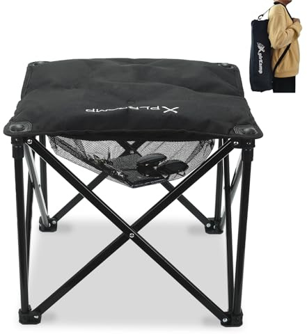 XplrKamp Padded Camping Stool, 18 Inch Oversized Folding Camping Foot Rest, 500lb Outdoor Camp Chair Footstool, Portable Camping Ottoman w/Storage Net, Carry Bag, for Camping Gardening (1, Black)