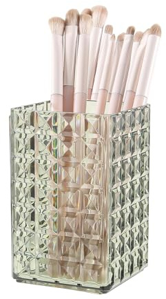 DASITON Makeup Brush Holder Organizer, Acrylic Makeup Brush Cup, Diamond Striped Make Up Brush Holder for Vanity, Bathroom Countertop, Toothbrush Holders, Pen Holder for Desk Storage (Green)