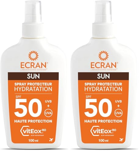 ECRAN® - Spray Protecteur Hydratant - Haute Protection - Technologie vitEox80 - Vitamine E - Protection UVA, UVB, Coups de Soleil - Protection Solaire SPF 50 - Bronzage naturel - Format Voyage