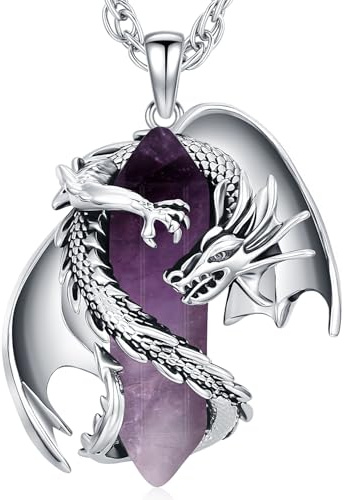 Friggem Drachen Kette Wikinger Drache Amethyst Kristall Anhänger Heilkristall Halskette Gothic Naturkristall Schmuck Geschenk für Herren Damen Kristallkette