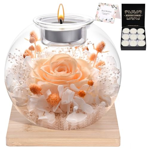 Konservierte Rosen Glasglocke, Muttertagsgeschenke für Mama, Deko-Geschenk für Muttertag Geburtstag Hochzeitstag mit Natürl Duft & Holzständer, Geschenk für Mama, Frau, Oma (Champagner)