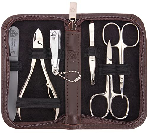 DREI SCHWERTER - 6-tlg. Nagelset 'Verona' | Umfassendes Maniküre- und Pediküre-Set in braunem Echtleder-Etui | Inhalt: Nagelschere, Hautschere, Nagelknipser, Glasnagelfeile, Pinzette, Nagelzange