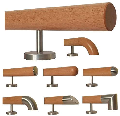 TIBU Buche Holz Handlauf für Treppe Geländer gerade Edelstahlhalter, Länge 30-500 cm aus einem Stück/zum Beispiel Länge 30 cm mit 2 gerade Halter und Enden gefast