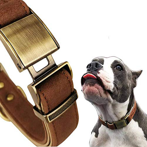 feiling Hundehalsband Leder Große Hunde Klickverschluss Einstellbare Lederhalsband für Kleine Mittelgroße Hunde Halskette Hundehalsung Hundeband (L : 35-52cm, Braun)