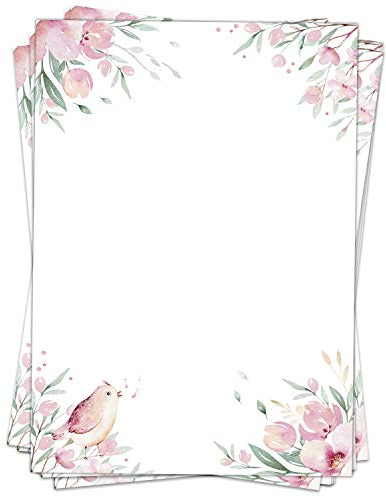 50 Blatt Briefpapier (A4) | Blumen Vogel | Motivpapier | edles Design Papier | beidseitig bedruckt | Bastelpapier | 90 g/m²