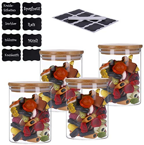 TALK-POINT 4er Set Vorratsdosen aus Glas mit Bambusdeckel Vorratsgläser Glasbehälter Spaghetti- Glas | inkl. 8 Kreideetiketten und Stift | luftdicht Spülmaschinenfest Mottensicher (4x 700 ml)