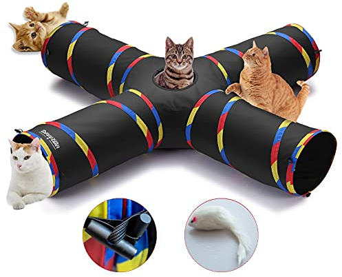 SweetBin 4 Way Large Cat Tunnels for Indoor Cats - 10 Diameter & 47 Long Play Tunnel Toy - Cat Tube with Play Ball & Mouse Toy - Interactive Peephole (Black)