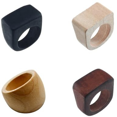 Original Natural Wood Rings Handmade Retro Geometric Round Statement Rings Vintage Bohemia Wooden African Ethnic Ring Jewelry for Women-4pcs