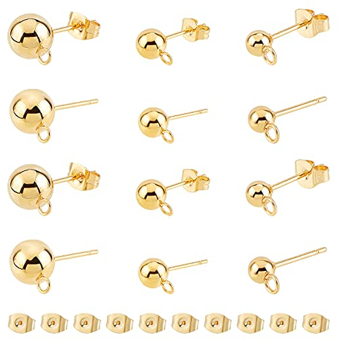 UNICRAFTALE 30 Stk 3 Größen Gold Kugel Ohrstecker 4/6/8mm Kugel Edelstahl Ohrstecker DIY Metall Ohrringe Rohlinge Mit Schlaufe Und Ohrmutter DIY Ohrringe Selber Machen Basteln Für Schmuckherstellung